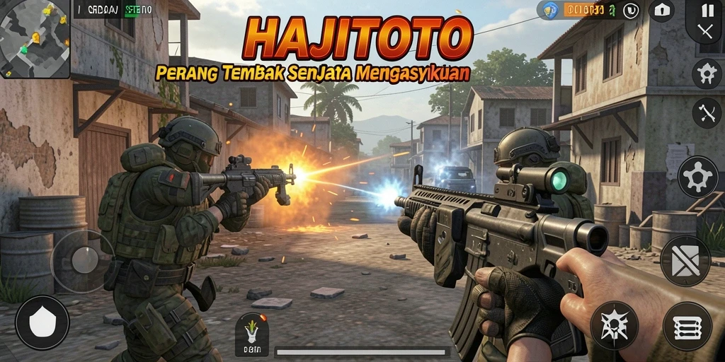 Tampilan antarmuka gameplay HAJITOTO dengan fitur tembak senjata.