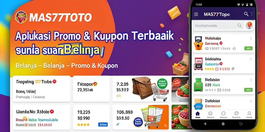 Tampilan antarmuka aplikasi MAS77TOTO dengan berbagai promo dan kupon.