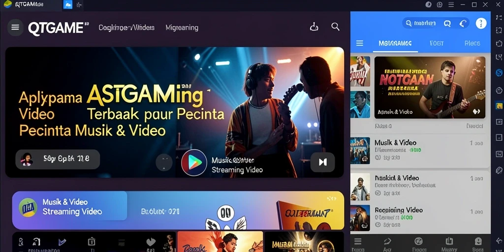 Antarmuka aplikasi QTGAME dengan tampilan video yang menarik.